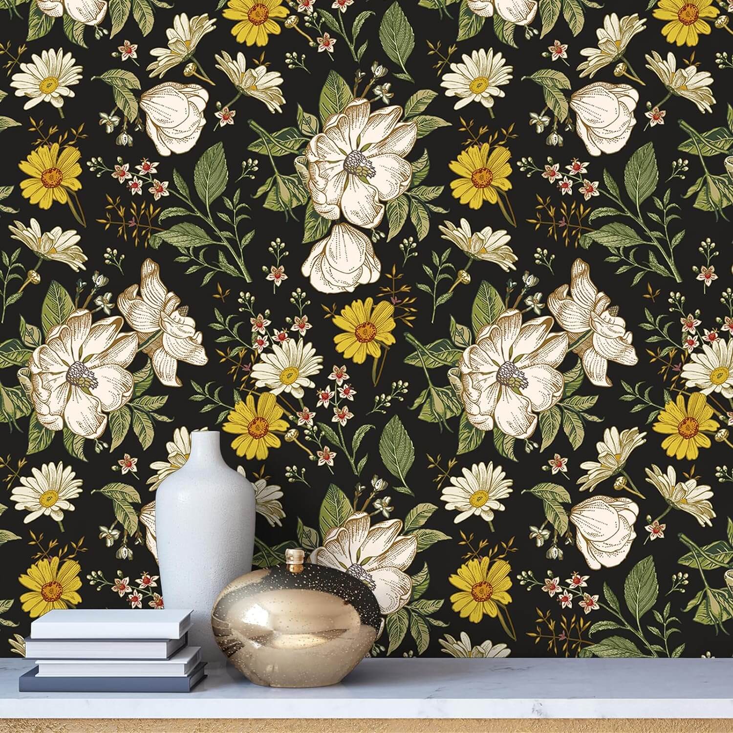 VEELIKE Black Peony Daisy Floral Wallpaper – Veelike