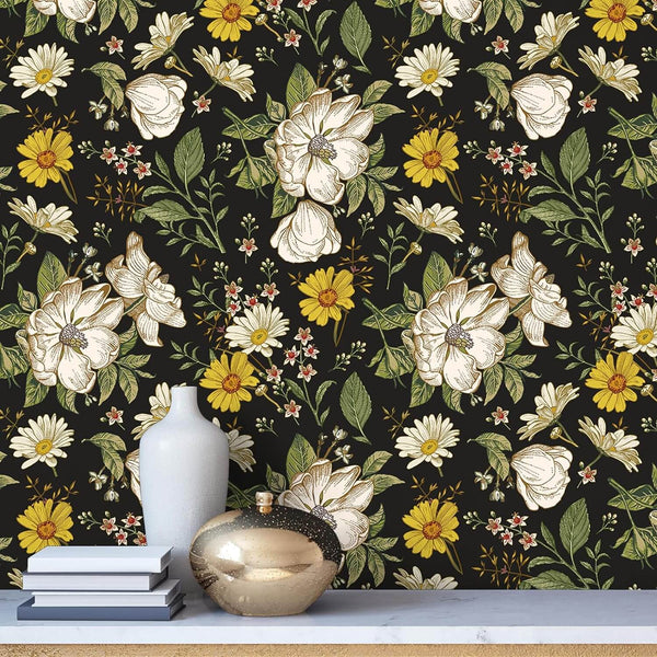 VEELIKE Black Peony Daisy Floral Wallpaper