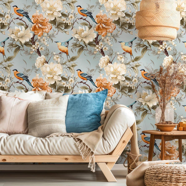VEELIKE Chinoiserie Bird Blue Floral Wallpaper