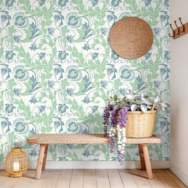 VEELIKE Sage Green & Blue Thistle Floral Wallpaper