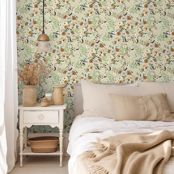 VEELIKE Sage Green Wild Flower Wallpaper