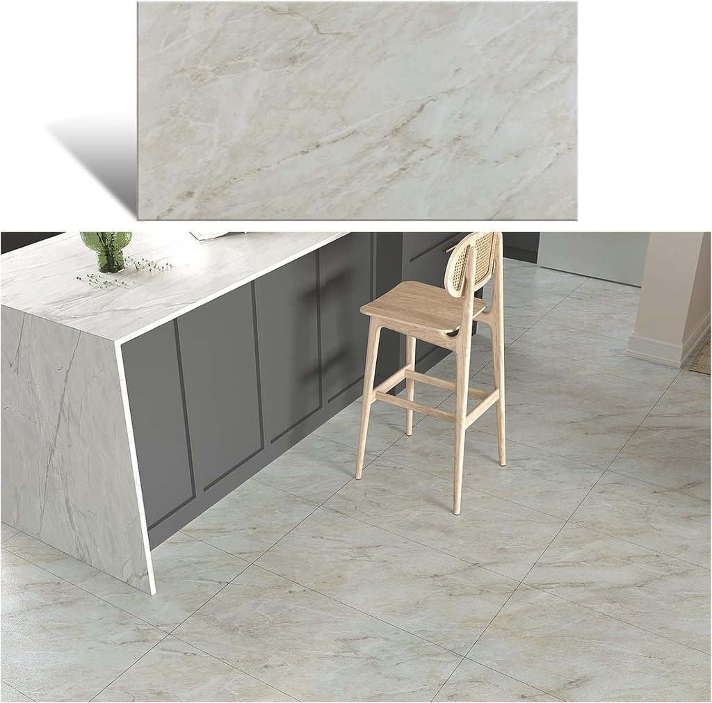 VEELIKE Beige Grey Marble Peel and Stick Vinyl Floor Tile 12''×24''