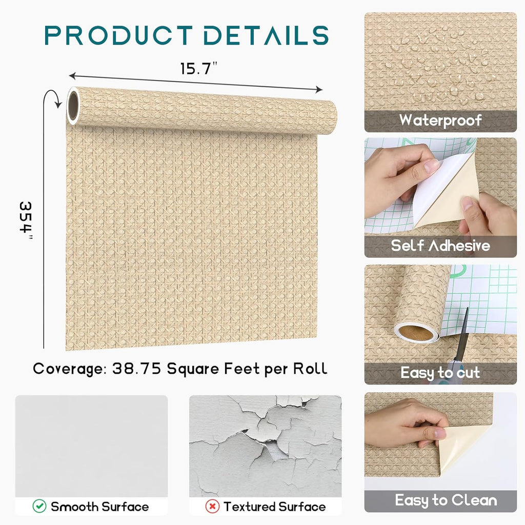 CHIHUT Taupe Brown Rattan Peel And Stick Wallpaper – 12"x100" Self-Adhesive Non-Textured Wicker Weave – Removable Vinyl For Cabinets, Walls, TV Stands, RV – Boho Decor