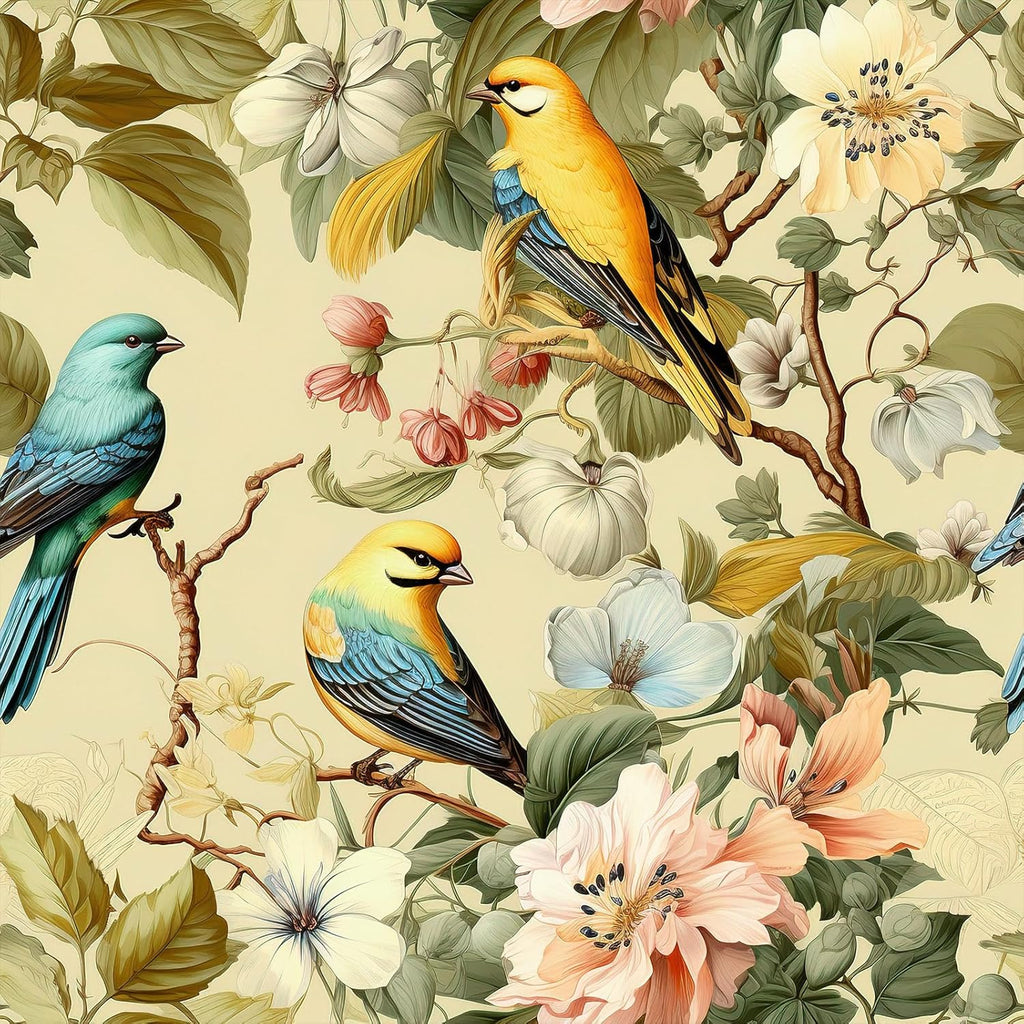 VEELIKE Chinoiserie Bird Yellow Floral Wallpaper