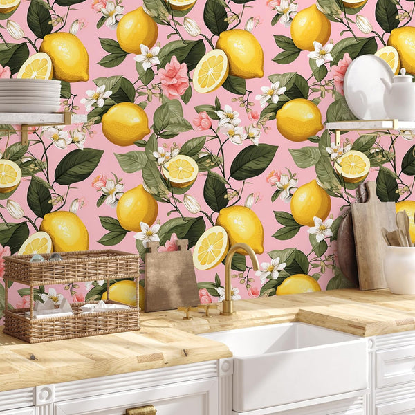 VEELIKE Pink Lemon Fruit Peel Stick Wallpaper