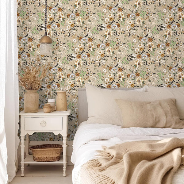 VEELIKE Tan Brown Wild Flower Wallpaper