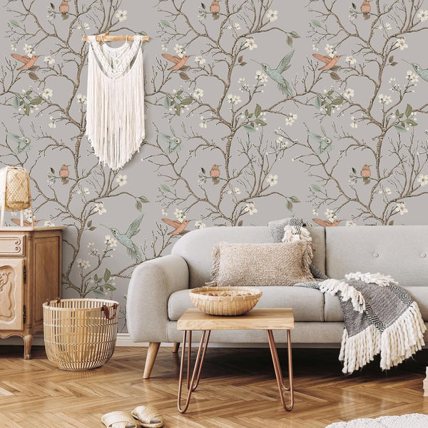 VEELIKE Grey Bird Floral Wallpaper