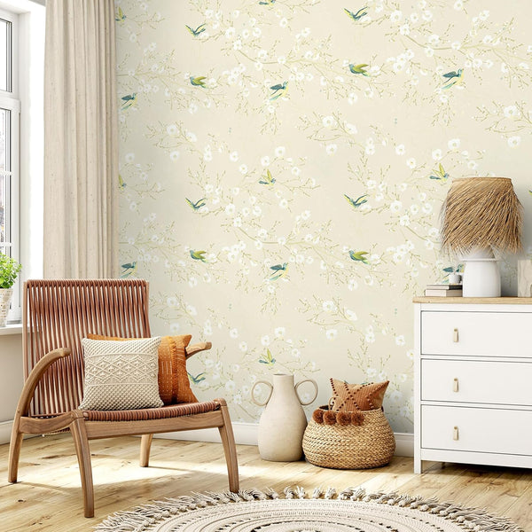 VEELIKE Cream Bird Floral Wallpaper