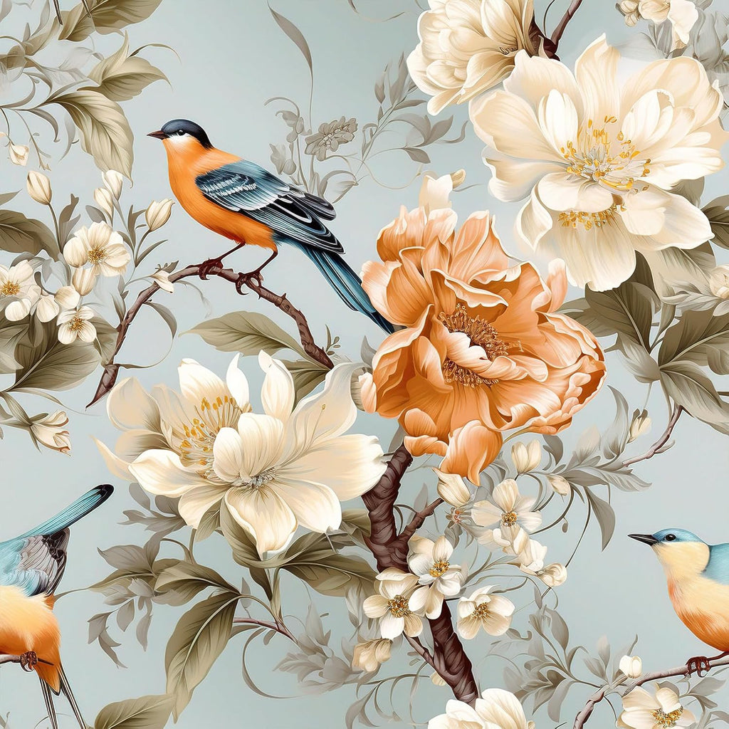 VEELIKE Chinoiserie Bird Blue Floral Wallpaper