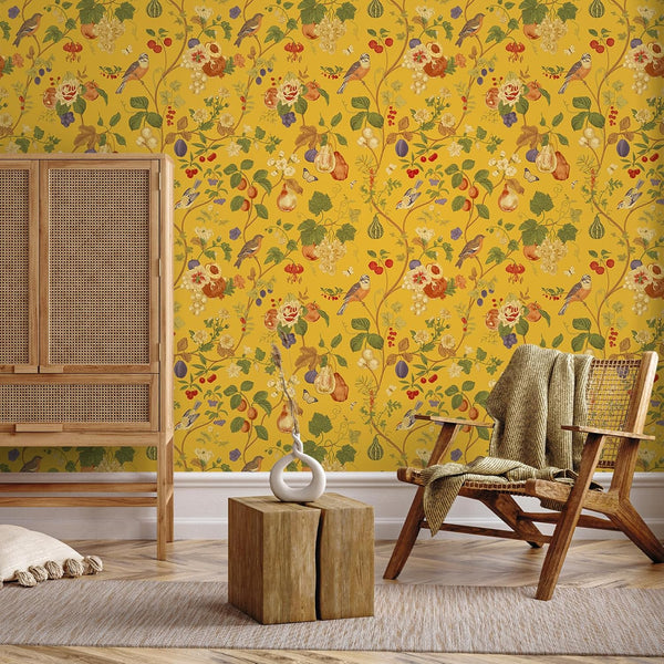 VEELIKE Yellow Chinoiserie Bird Floral Wallpaper