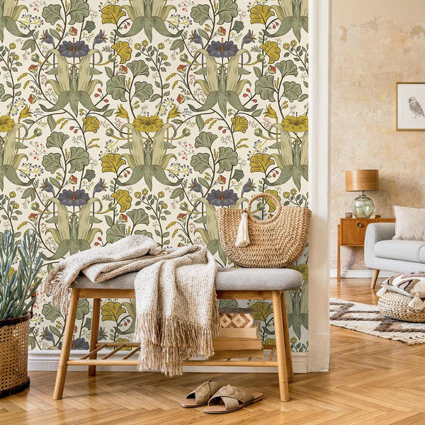 VEELIKE Beige Green Floral Wallpaper