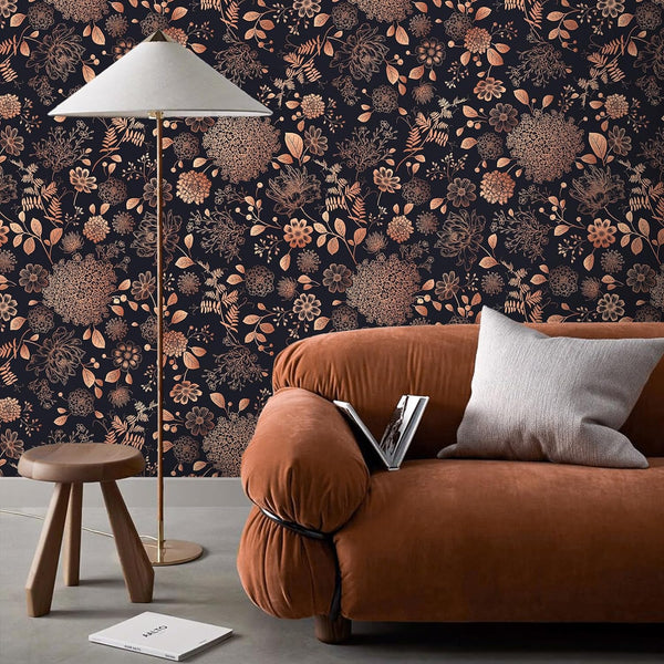 VEELIKE Black Orange Herbs Floral Wallpaper