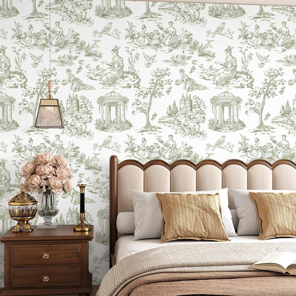VEELIKE French Countryside Green Toile Wallpaper