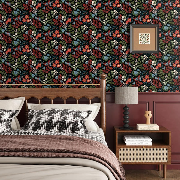 VEELIKE Vintage Dark Ditsy Floral Wallpaper