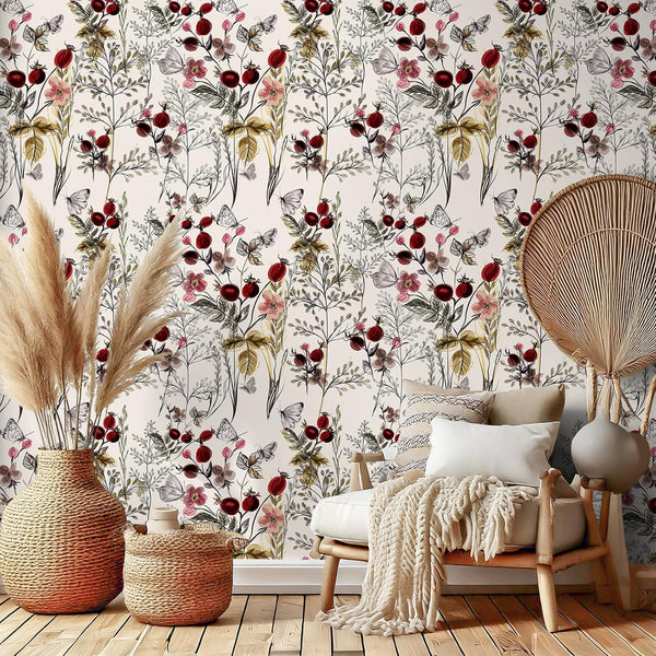 VEELIKE Boho Butterflies Floral Peel and Stick Wallpaper