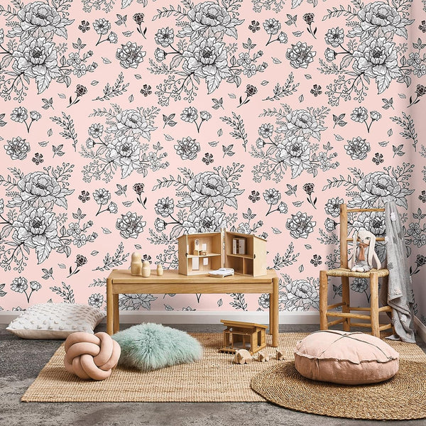 VEELIKE Stencil Pink Floral Wallpaper