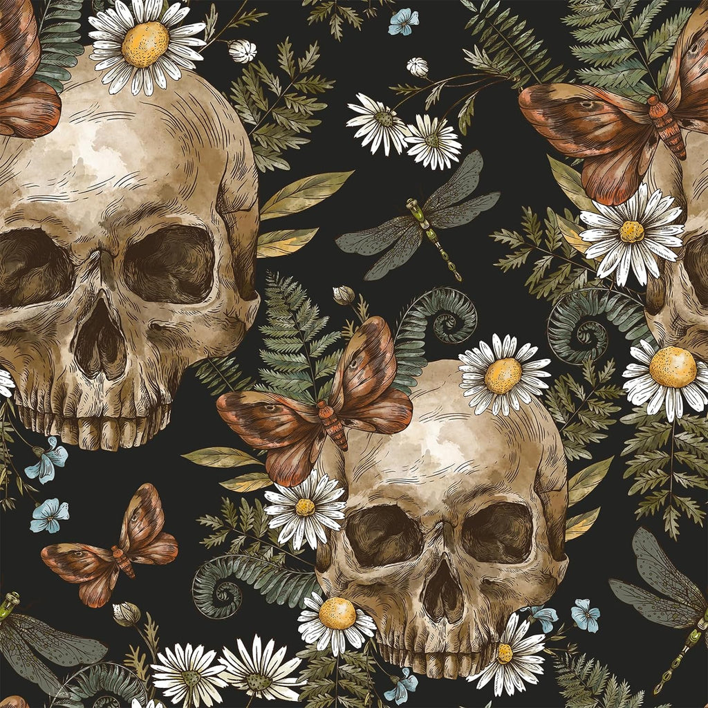 VEELIKE Dark Gothic Skulls Ferns Wallpaper