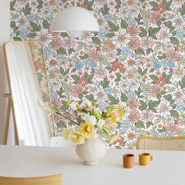 VEELIKE Meadowfield Poppy Floral Peel and Stick Wallpaper