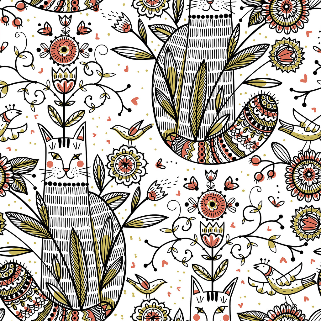 VEELIKE Whimsical Cat and Floral Wallpaper