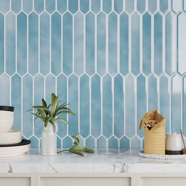 VEELIKE Blue Long Hexagon Peel and Stick Backsplash Tile