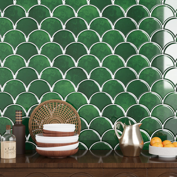 VEELIKE Emerald Green Marble Fish Scale Backsplash Tile