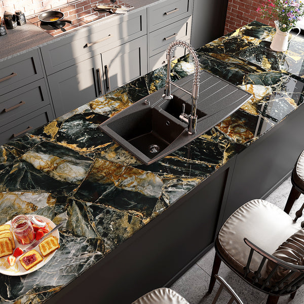 VEELIKE Glossy Slate Gold Marble Countertop Contact Paper