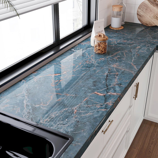 VEELIKE Glossy Slate Blue Marble Contact Paper