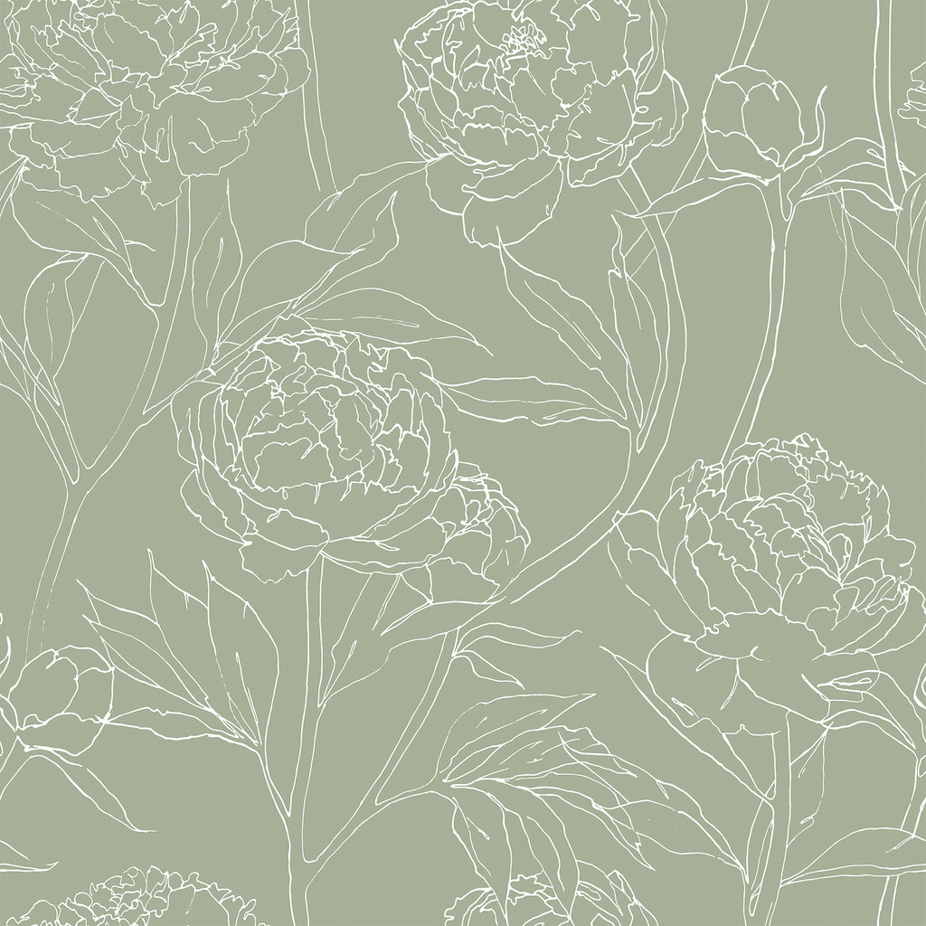 VEELIKE Sage Green Sketch Peonies Wallpaper