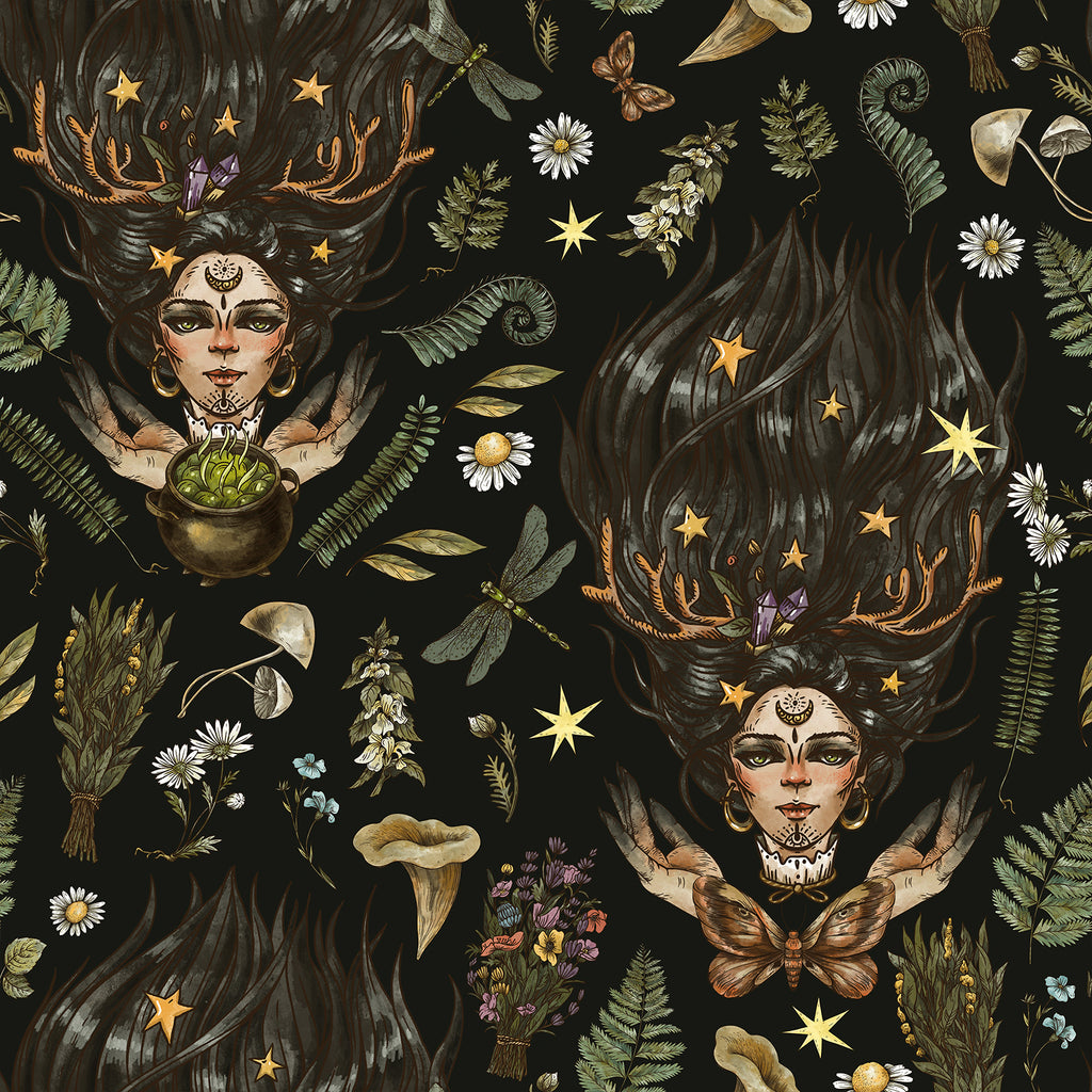 VEELIKE Black Whimsical Witch Wallpaper