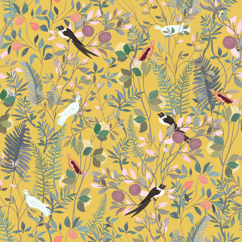 VEELIKE Yellow Chinoiserie Berries Bird Wallpaper