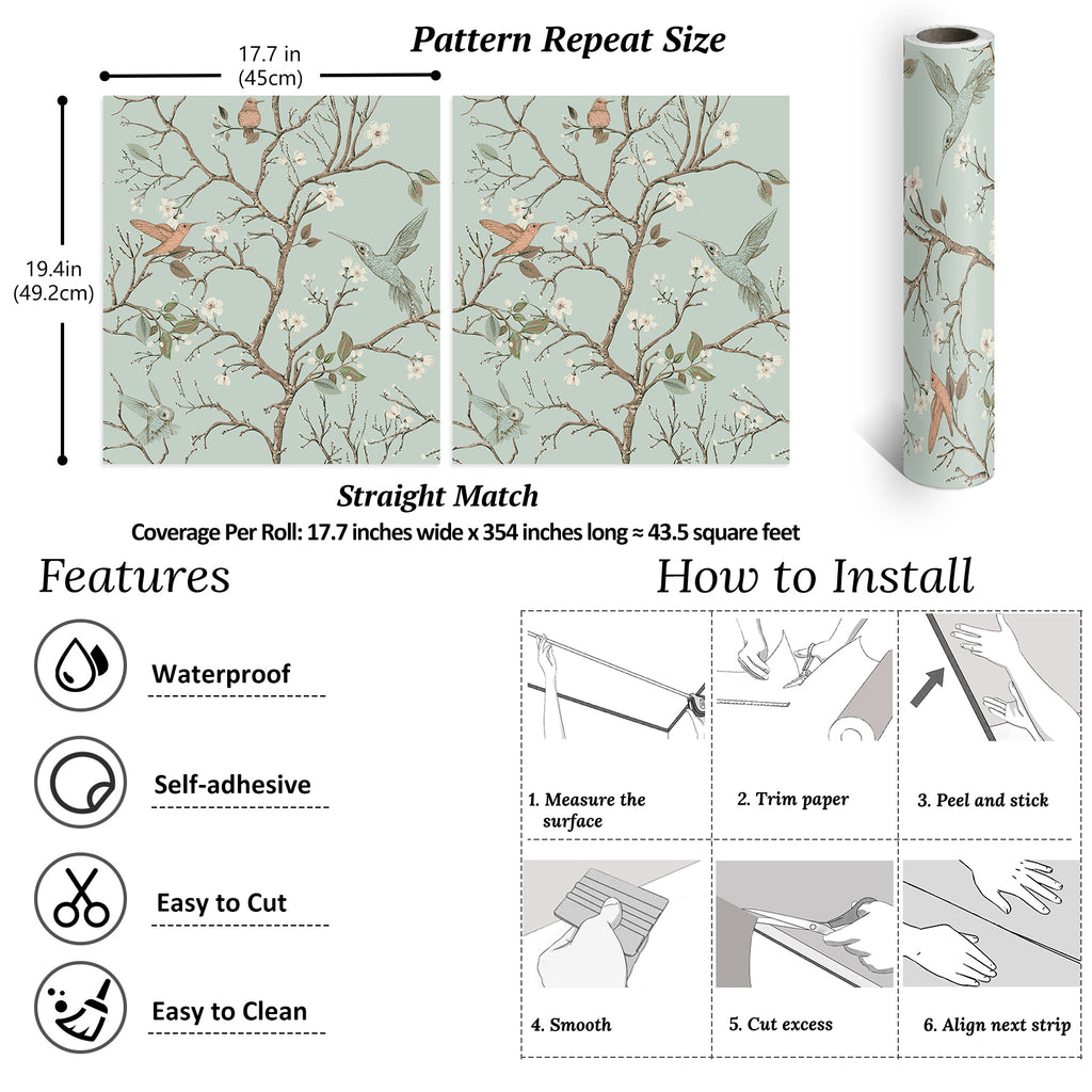 VEELIKE Green Chinoiserie Floral Peel and Stick Wallpaper – Veelike