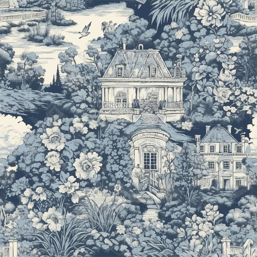 VEELIKE Vintage French Country Blue Toile Wallpaper