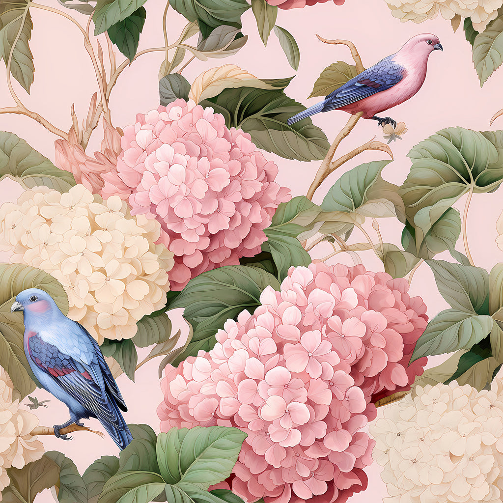 VEELIKE Pink Hydrangea Floral Wallpaper with Birds