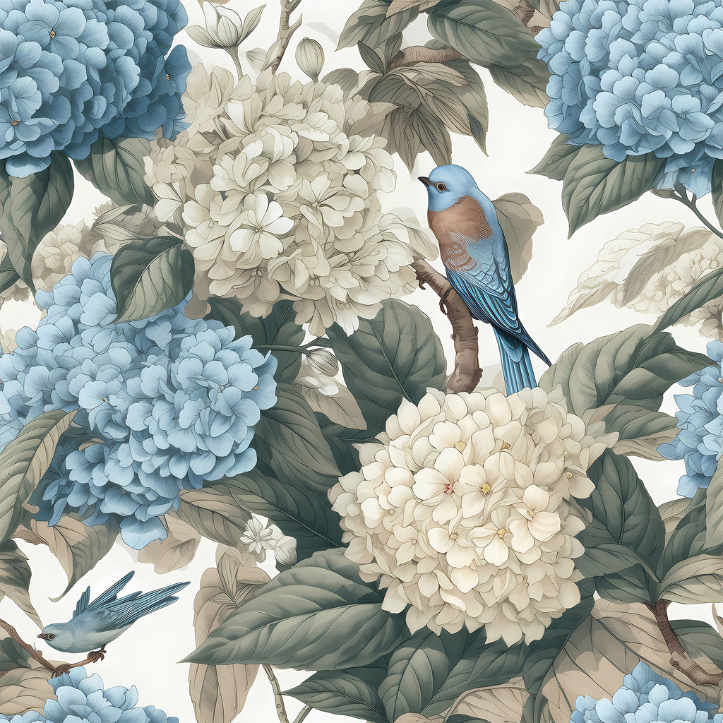 VEELIKE Blue and White Hydrangea Floral Wallpaper with Birds