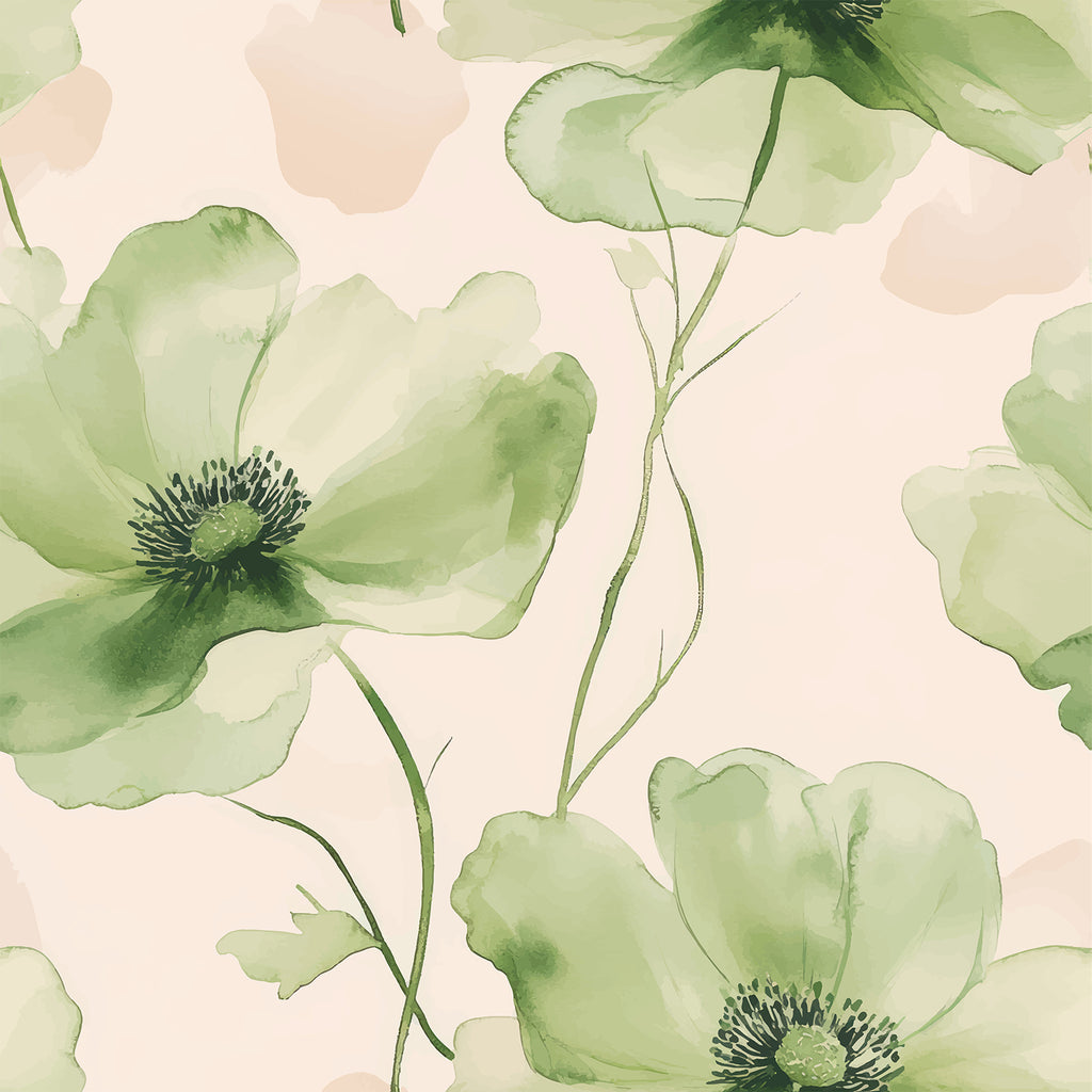 VEELIKE Green Watercolor Poppy Flower Wallpaper