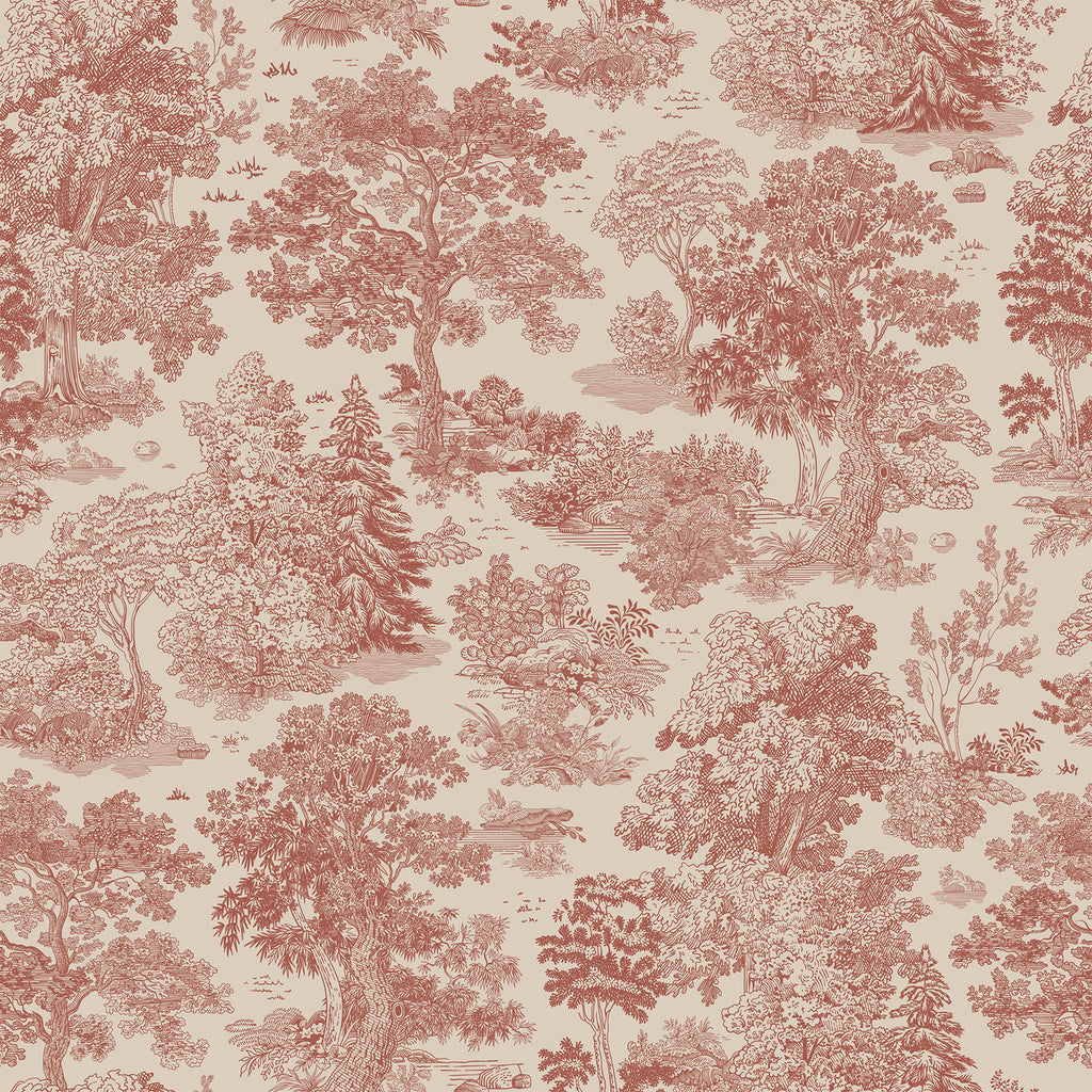 VEELIKE Vintage Landscape Forest Red Toile Wallpaper