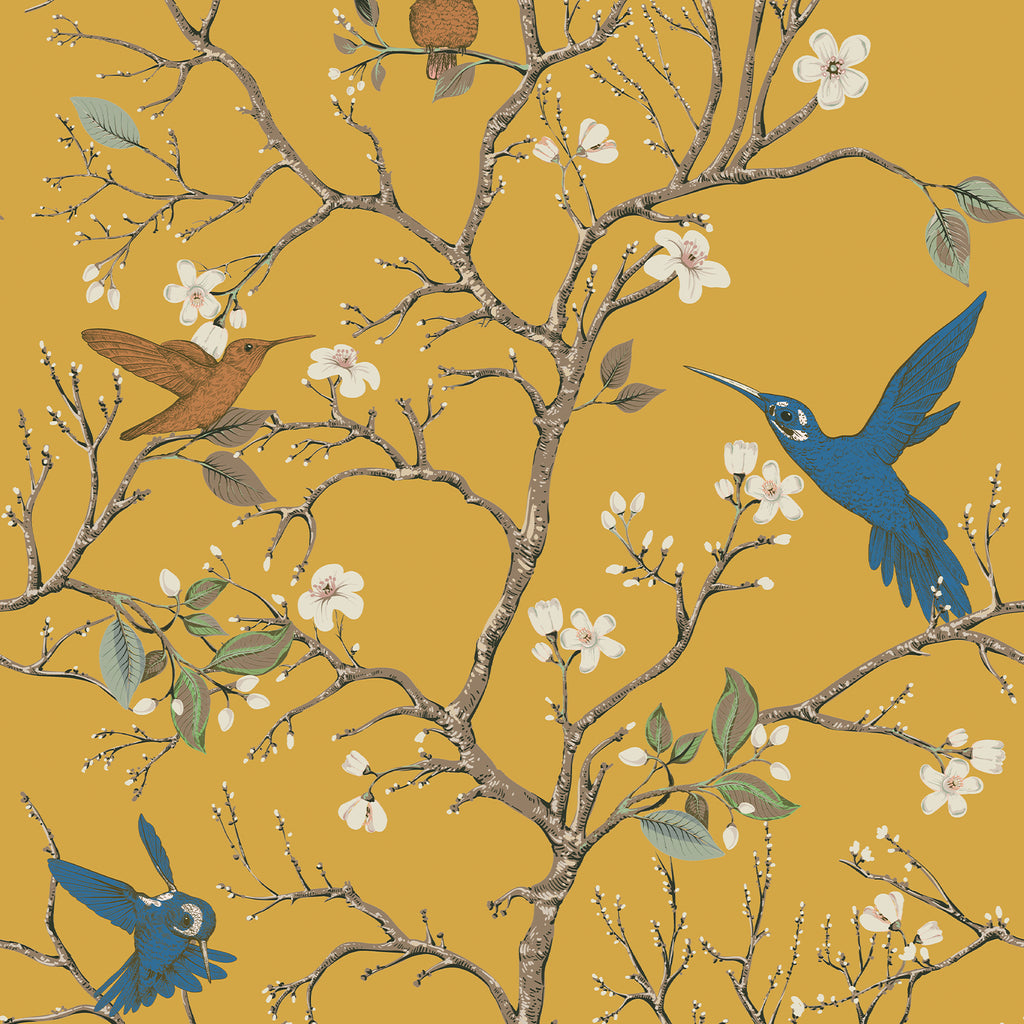 VEELIKE Mustard Yellow Chinoiserie Bird Wallpaper