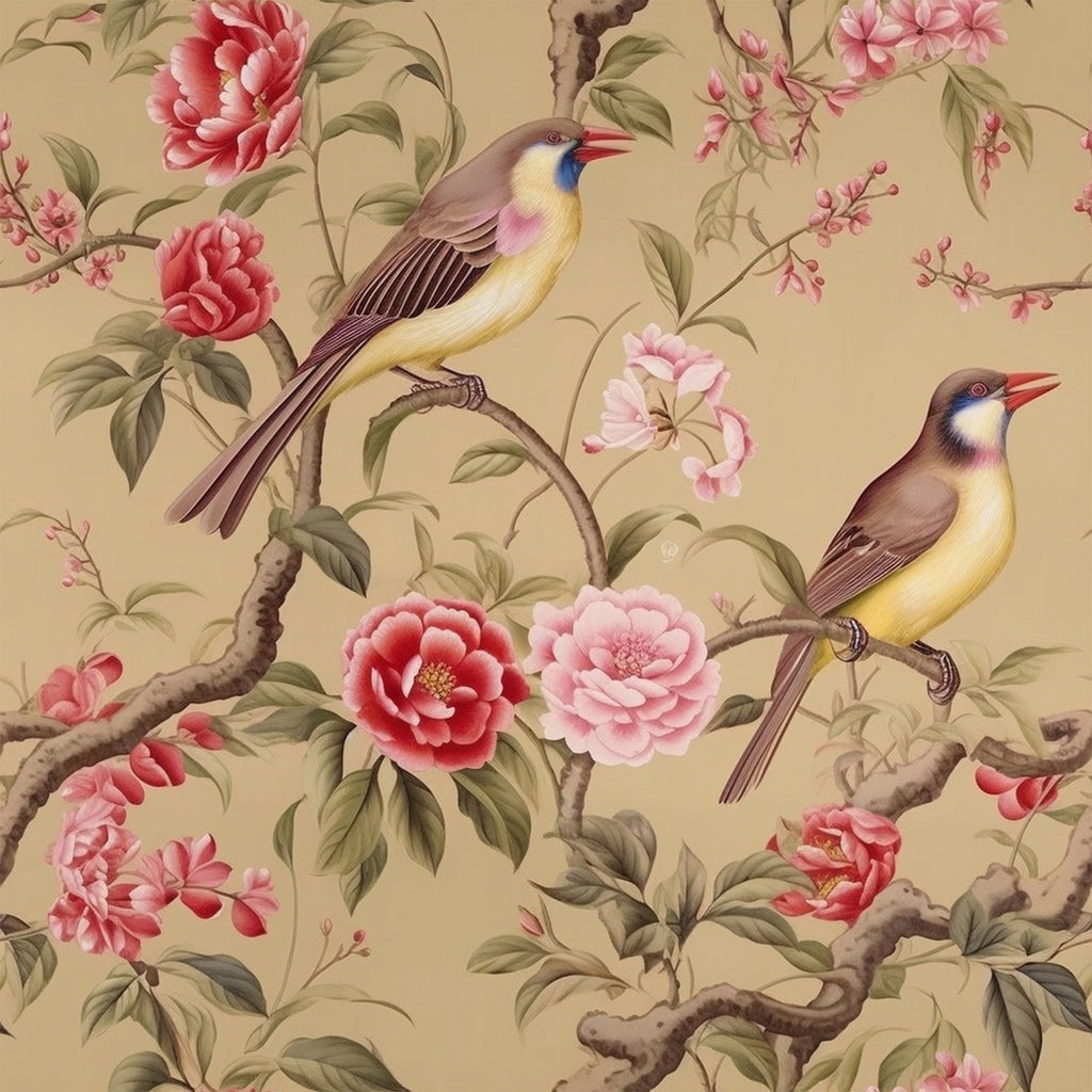 VEELIKE Tan Yellow Chinoiserie Bird Wallpaper