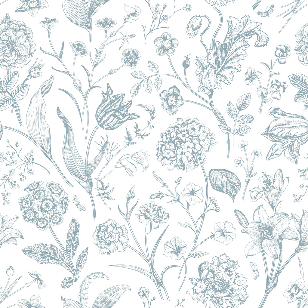 VEELIKE Sketch Blue and White Floral Peel and Stick Wallpaper