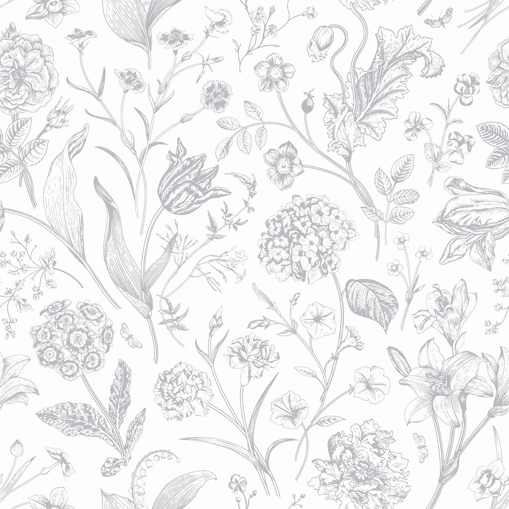 VEELIKE Sketch Grey and White Floral Peel and Stick Wallpaper