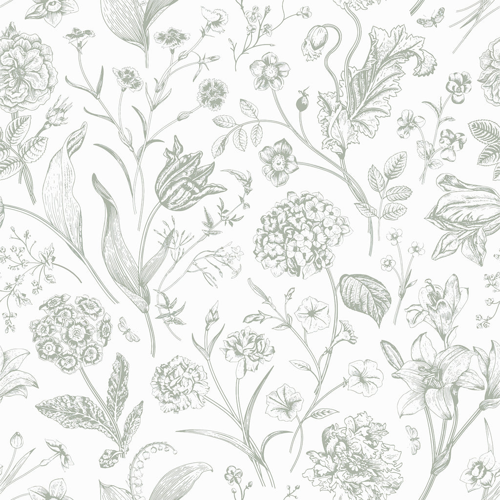 VEELIKE Sketch Sage Green Floral Peel and Stick Wallpaper