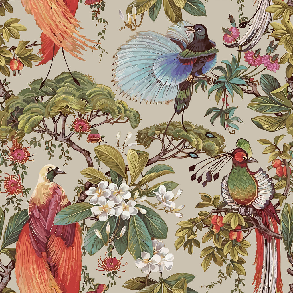 VEELIKE Chinoiserie Taupe Tropical Wallpaper with Exotic Birds