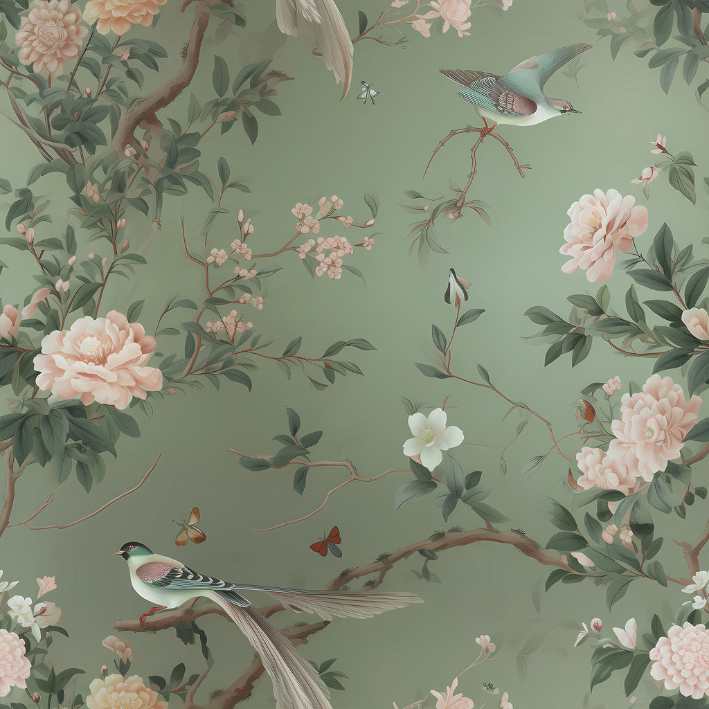 VEELIKE Green Floral Peel and Stick Wallpaper with Birds