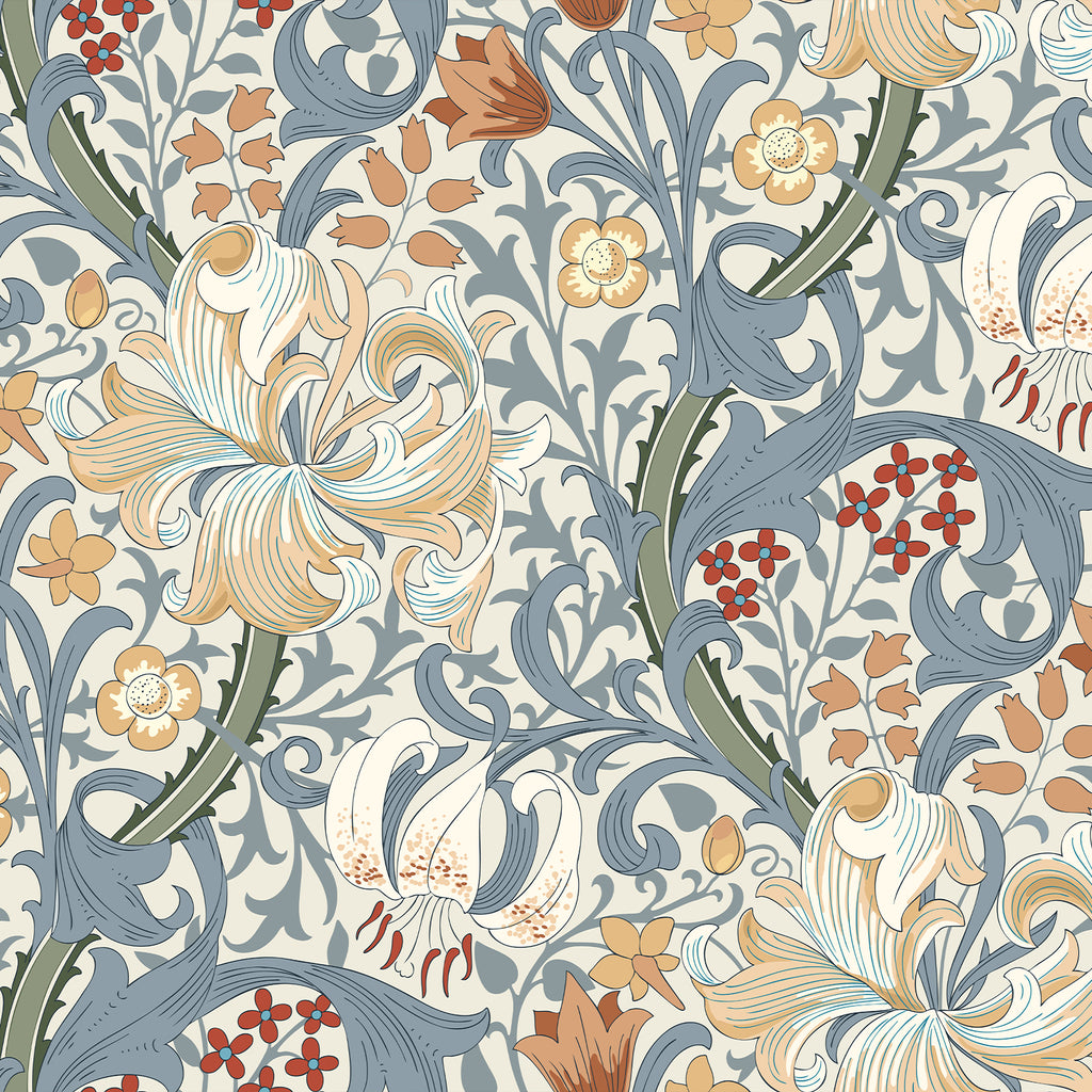 VEELIKE Golden Lily Blue Floral Wallpaper