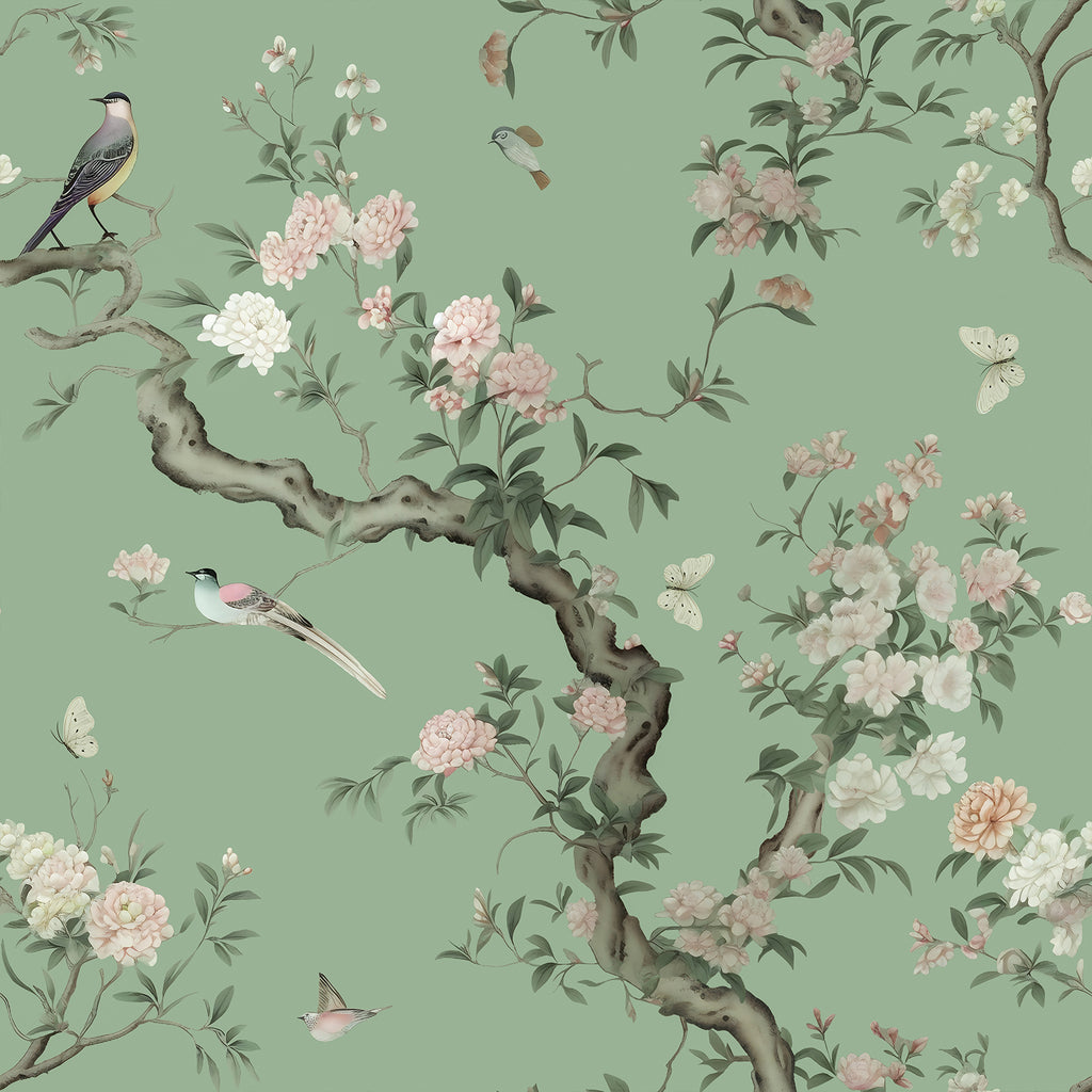 VEELIKE Sage Green Floral Wallpaper with Birds Butterflies