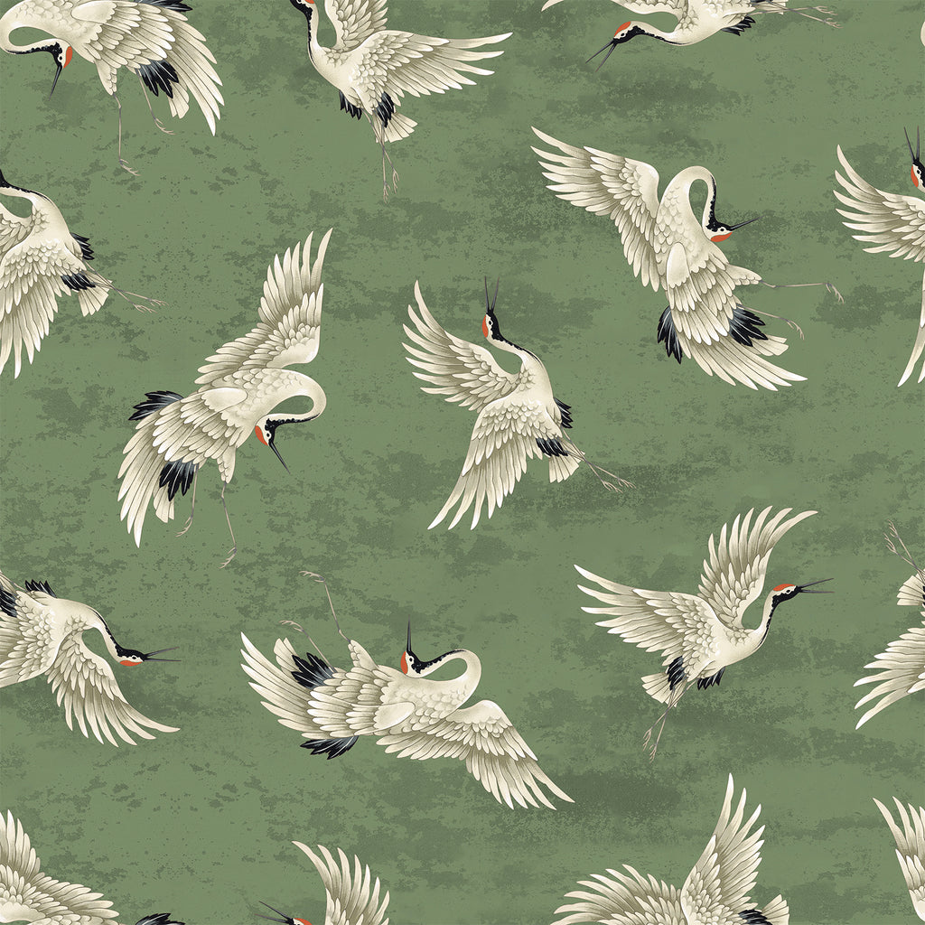 VEELIKE Sage Green Japanese Crane Peel and Stick Wallpaper