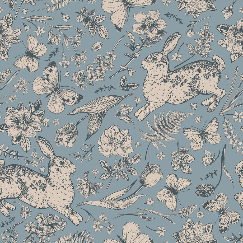 VEELIKE Blue Botanical Butterfly and Rabbit Peel and Stick Wallpaper