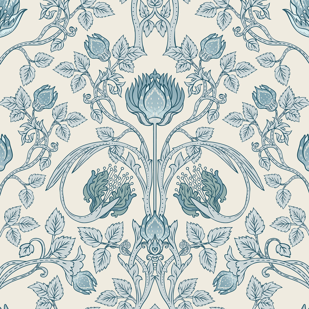 VEELIKE Blue and Cream Botanical Flower Wallpaper
