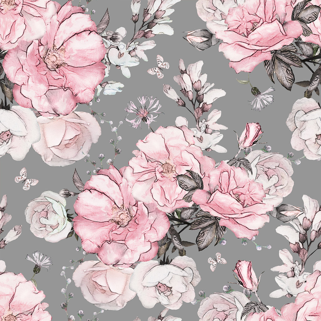 VEELIKE Grey Pink Rose Floral Wallpaper