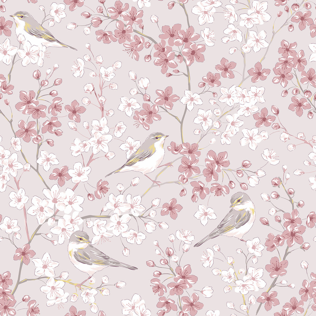 VEELIKE Pink Sakura Bird Peel and Stick Wallpaper